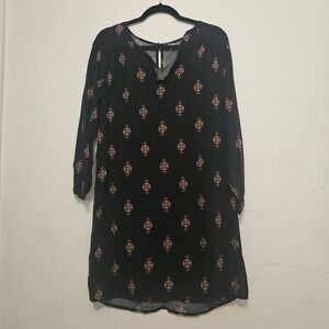 Old Navy Shift Dress Womens Sz Medium Black Geometric Long Sleeve V-Neck Keyhole
